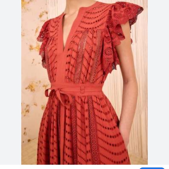 ULLA JOHNSON  Olga Ruffled V-Neck Midi Dress - Red - Picture 3 of 6